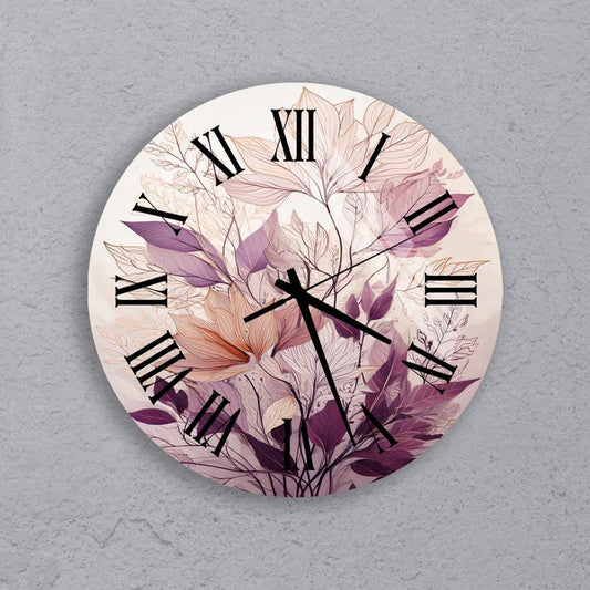 Feuille violette beige sur verre trempé avec horloge murale botanique