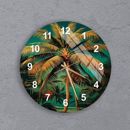Île tropicale en déco avec horloge murale palmier en verre trempé