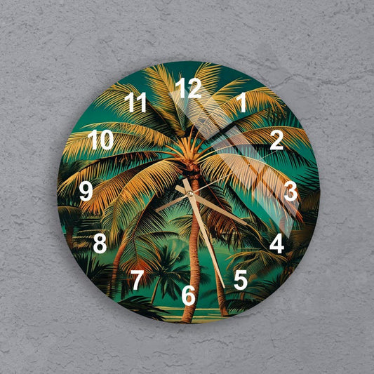Île tropicale en déco avec horloge murale palmier en verre trempé