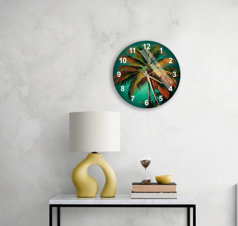 Horloge murale en verre trempé avec motif de palmier tropical vibrant
