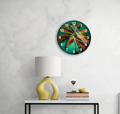 Horloge murale en verre trempé avec motif de palmier tropical vibrant