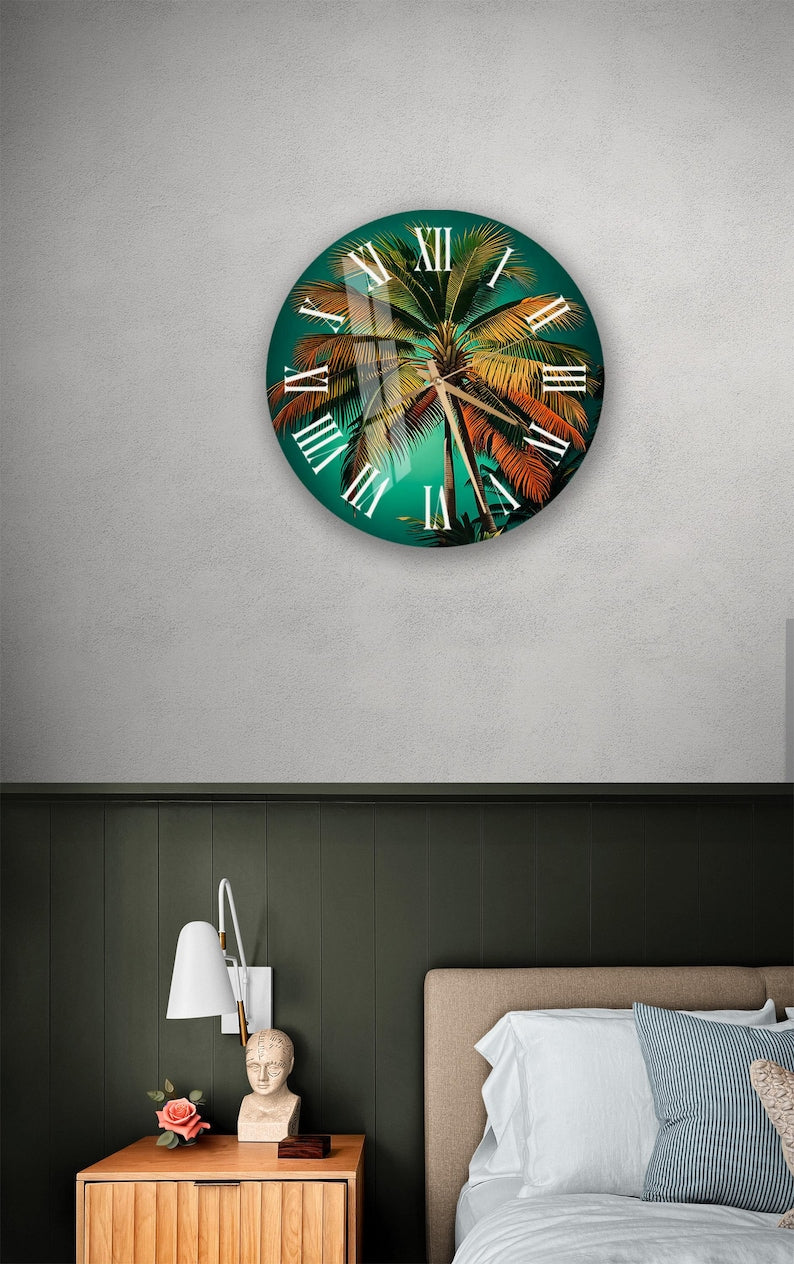 Horloge murale en verre trempé avec motif de palmier tropical vibrant
