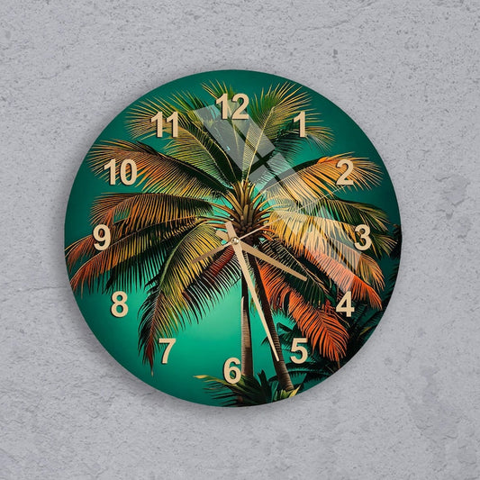 Horloge murale en verre trempé avec motif de palmier tropical vibrant