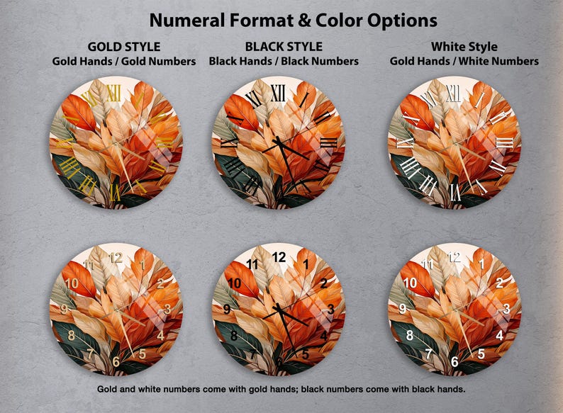 Feuilles d'automne en verre trempé avec horloge murale chiffres romains