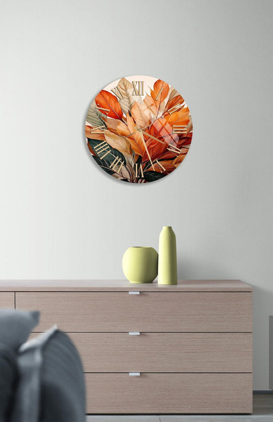 Feuilles d'automne en verre trempé avec horloge murale chiffres romains