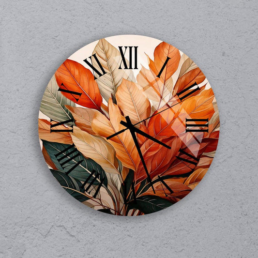 Feuilles d'automne en verre trempé avec horloge murale chiffres romains