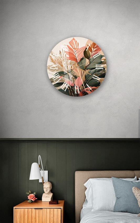 Chiffres noirs sur feuille tropicale avec horloge murale jungle en verre