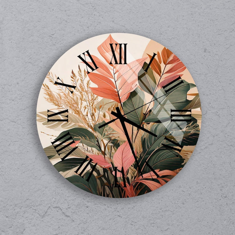 Chiffres noirs sur feuille tropicale avec horloge murale jungle en verre