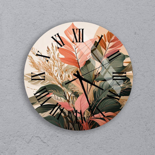 Chiffres noirs sur feuille tropicale avec horloge murale jungle en verre
