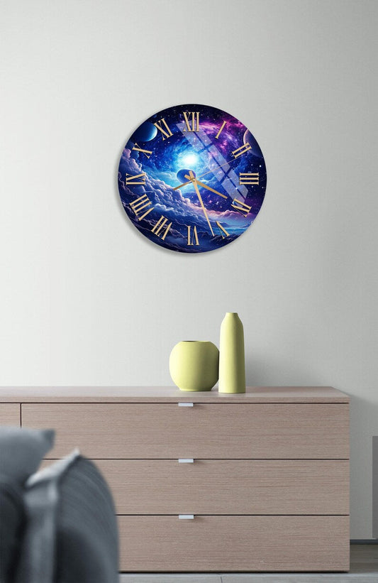 Nébuleuse bleue sur verre trempé avec horloge murale Galaxy Vortex