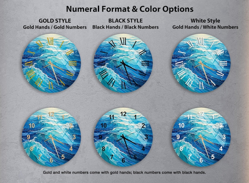 Horloge murale en verre trempé à motif de vagues bleues de l'océan