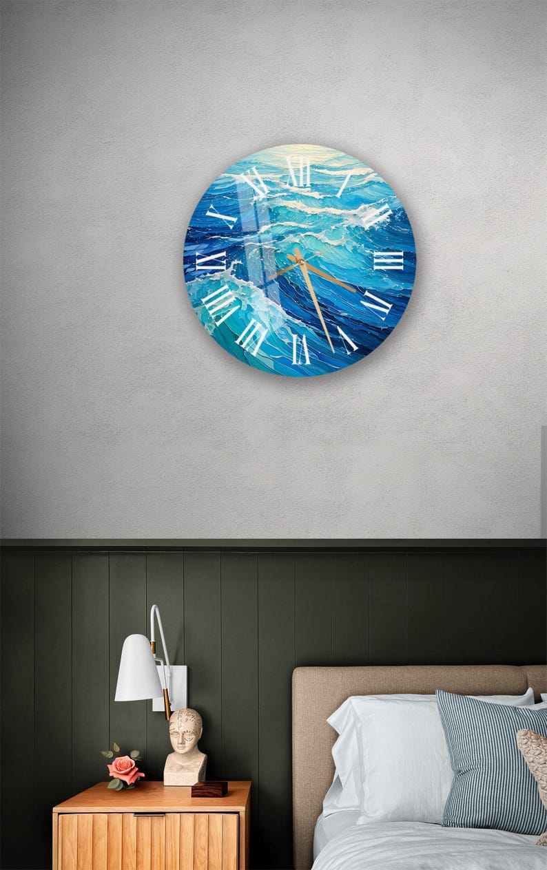 Horloge murale en verre trempé à motif de vagues bleues de l'océan