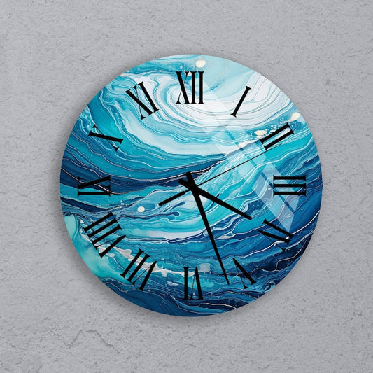 Marbre bleu océan sur verre trempé avec horloge murale salle de bain